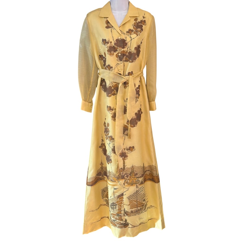 Vintage Alfred Shaheen Maxi Dress Chinoiserie Tiki MidCentury Coastal Artistic